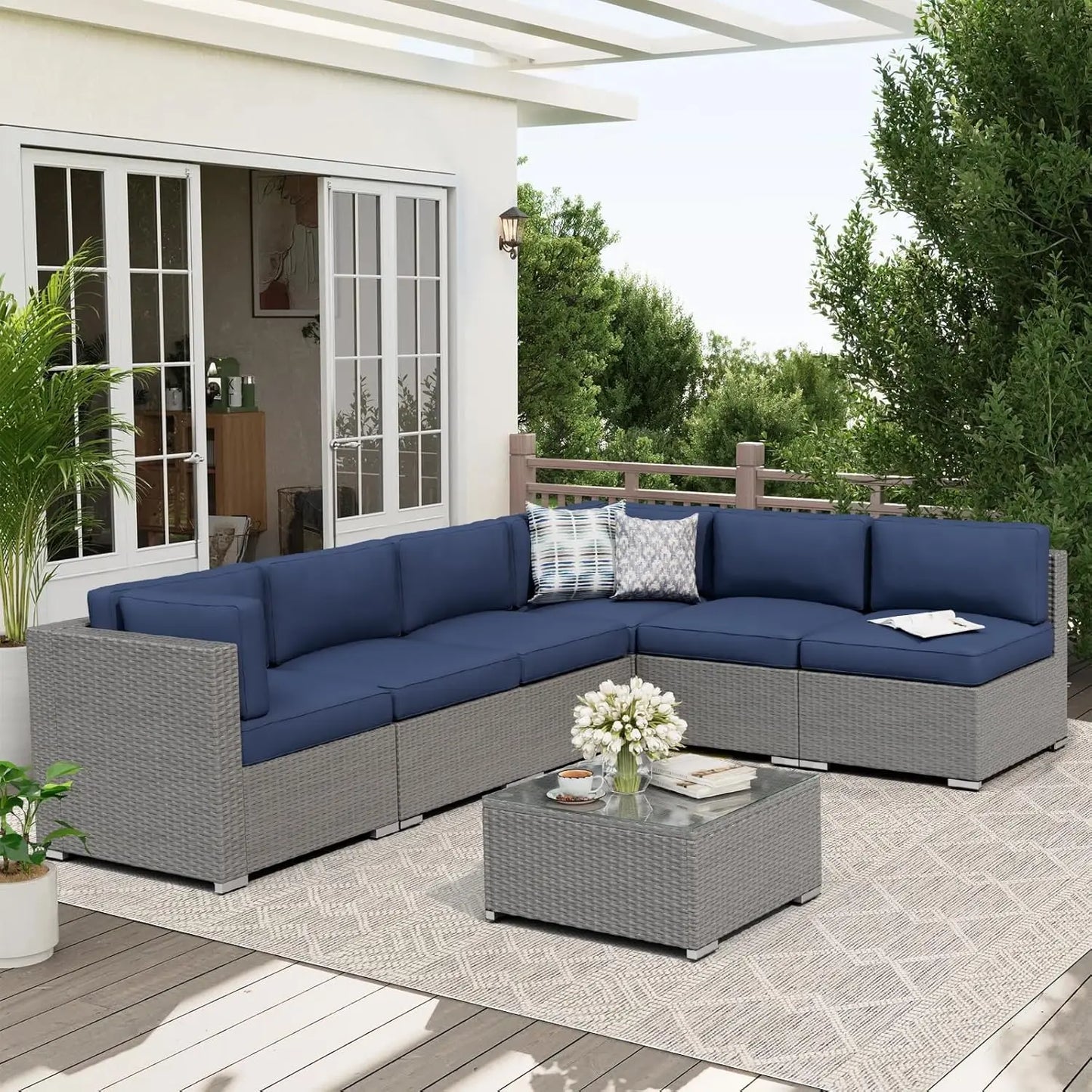 7-Piece Outdoor Patio Furniture Set Grey Rattan Wicker Sectional Sofa Conversation Sets with Cushions and Glass Top, Custom