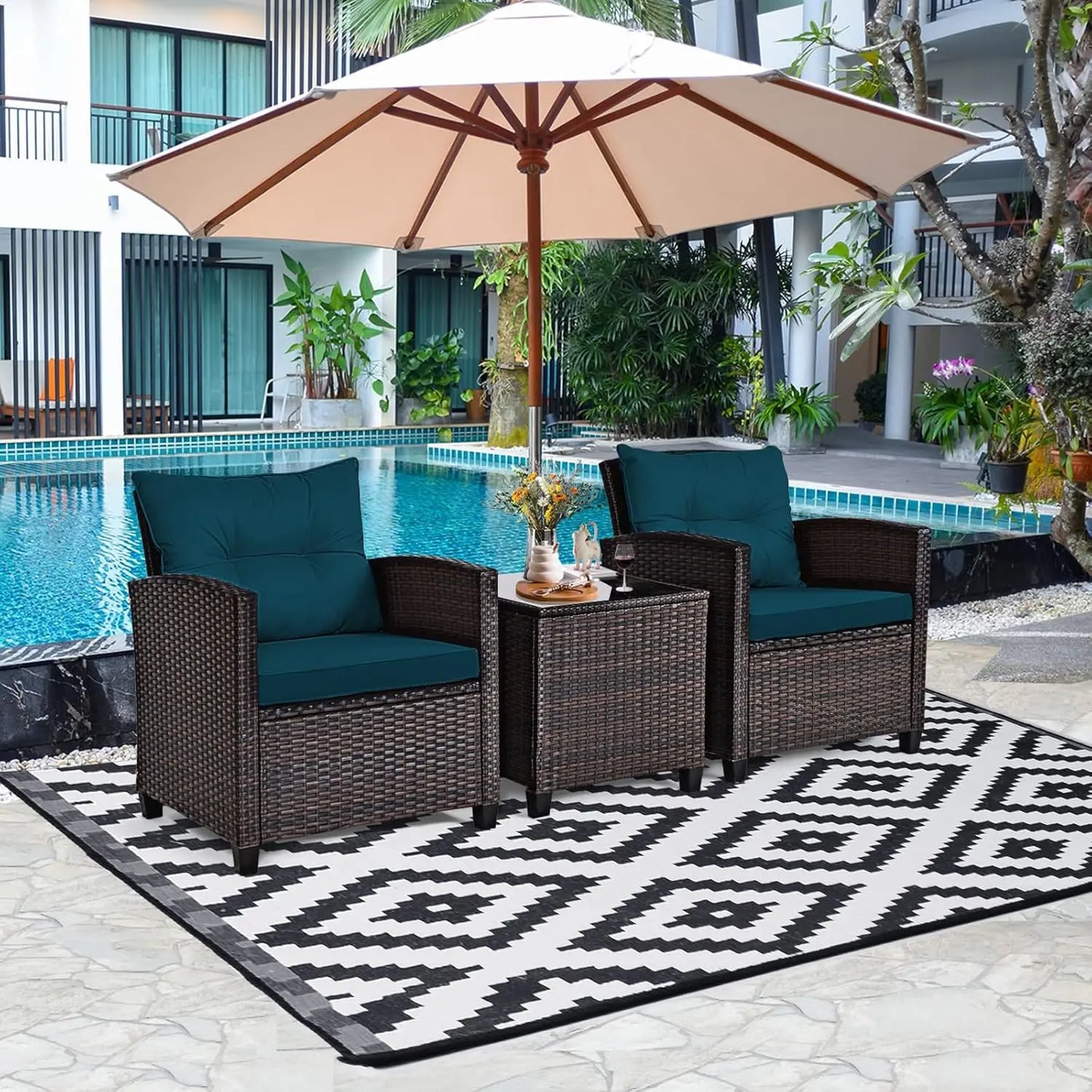 3 Pieces Patio Furniture Set, PE Rattan Wicker 3 Pcs Outdoor Sofa Set w/Washable Cushion and Tempered Glass, Customized