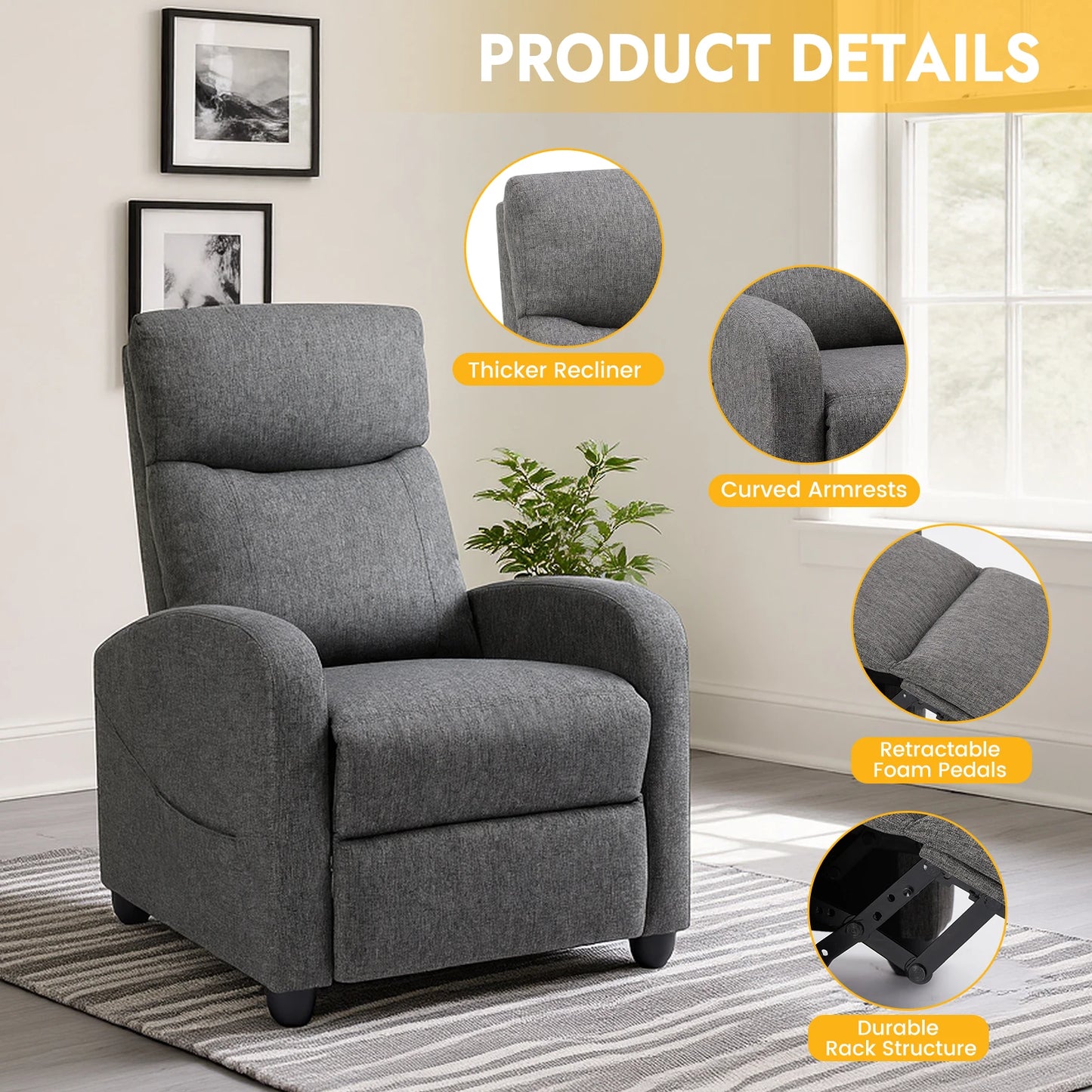 MCQ Living Room Recliner Sofa with Lumbar Support Sofa Fabric or Pu Leather for Adults Recliners Home Theater Seating Reclining Sofa Chair for Living Room