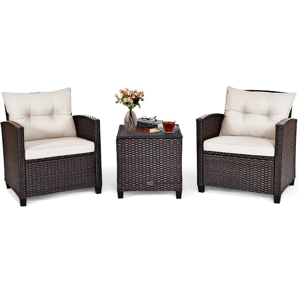 3 Pieces Patio Furniture Set, PE Rattan Wicker 3 Pcs Outdoor Sofa Set w/Washable Cushion and Tempered Glass, Customized