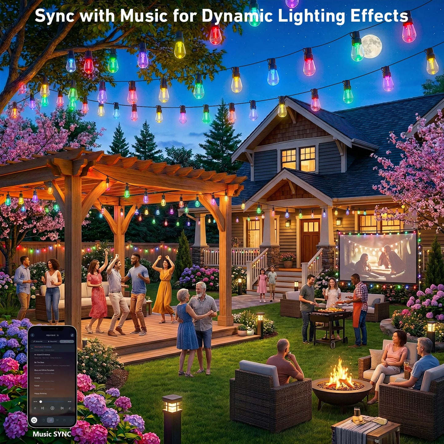 RGB IC Outdoor String Lights Dimmable With App Control IP67 Waterproof