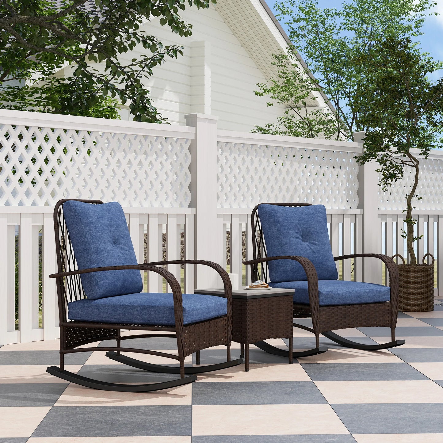 Patio Furniture Set, Rocking Chairs W/ Coffee Table, Cushion Brown