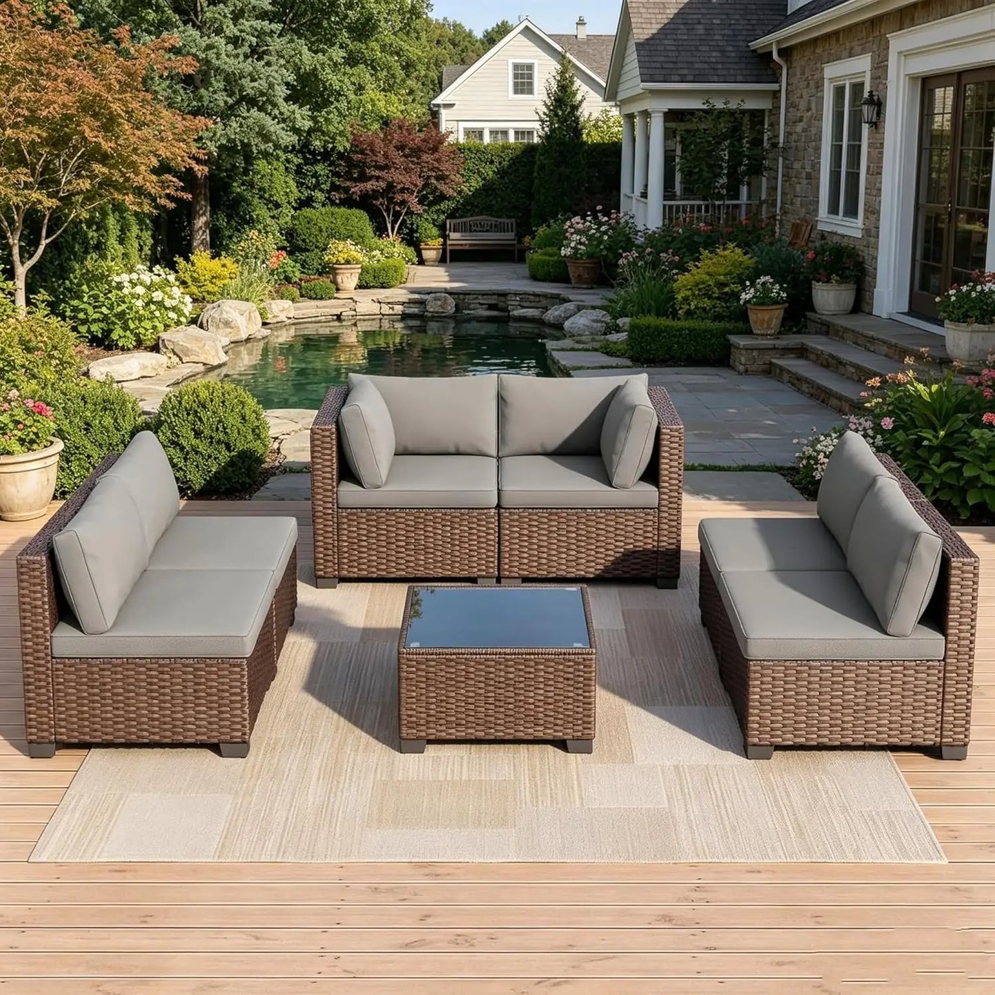 7 Pieces Outdoor Patio Furniture Set, All-Weather Sectional Sofa PE Rattan Wicker with Glass Table & Washable Cushions, Custom