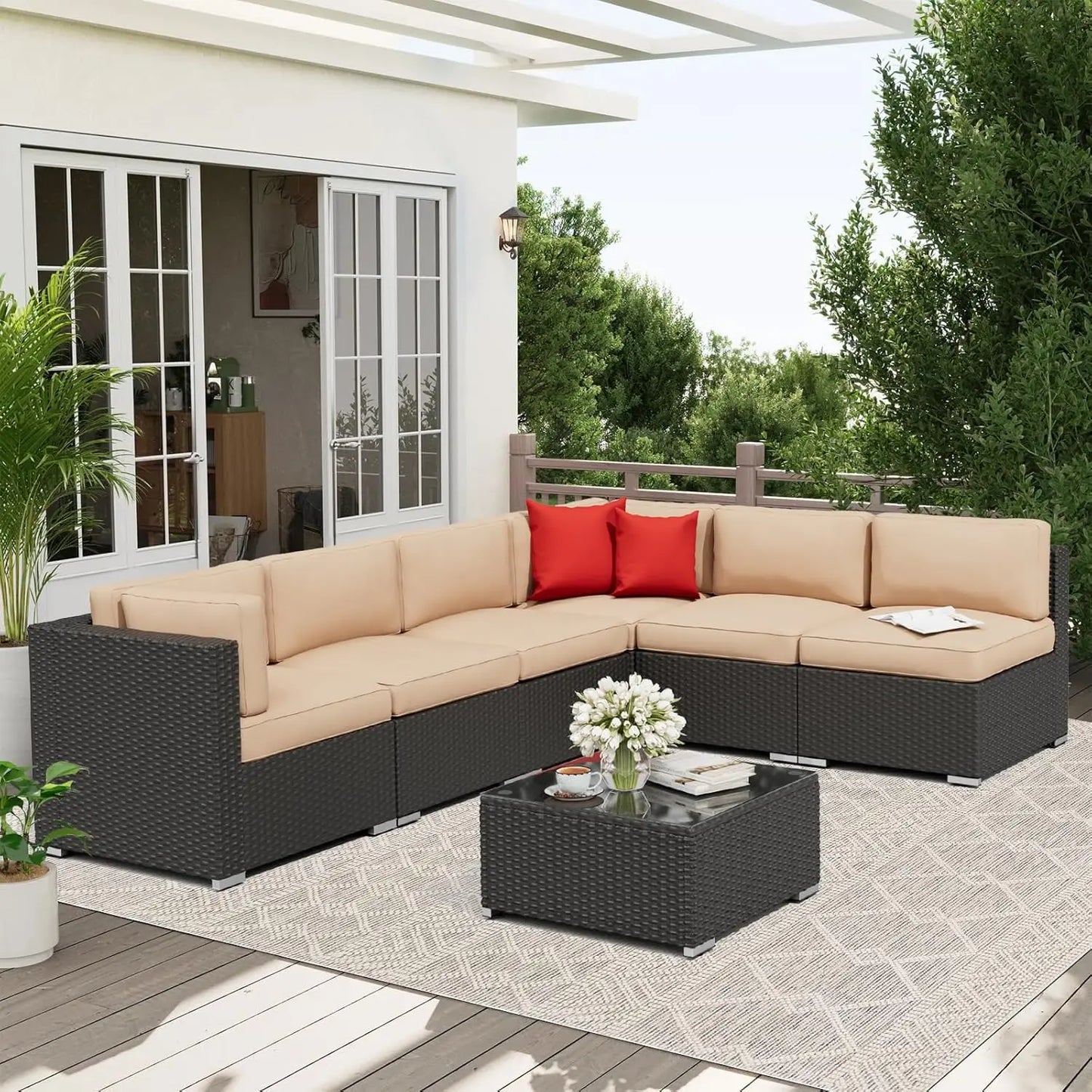 7-Piece Outdoor Patio Furniture Set Grey Rattan Wicker Sectional Sofa Conversation Sets with Cushions and Glass Top, Custom
