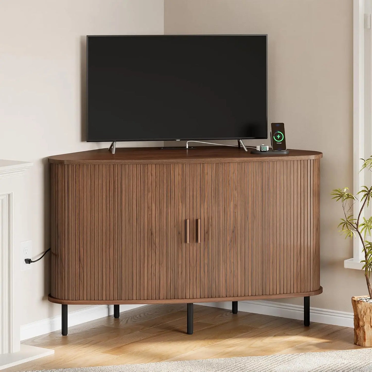 47 Corner TV Stand Sliding Door Power Outlet Wood Storage Media Console Table for Living Room Walnut, Customized