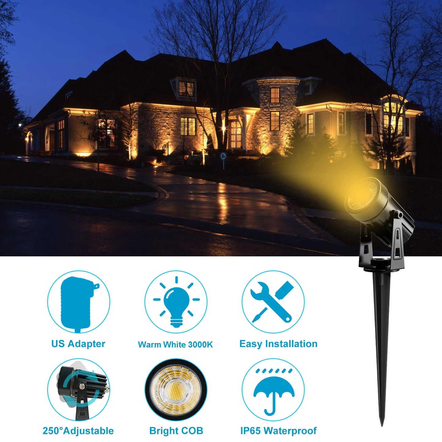 T-SUNRISE US Plug COB Landscape Spotlight Warm White Waterproof