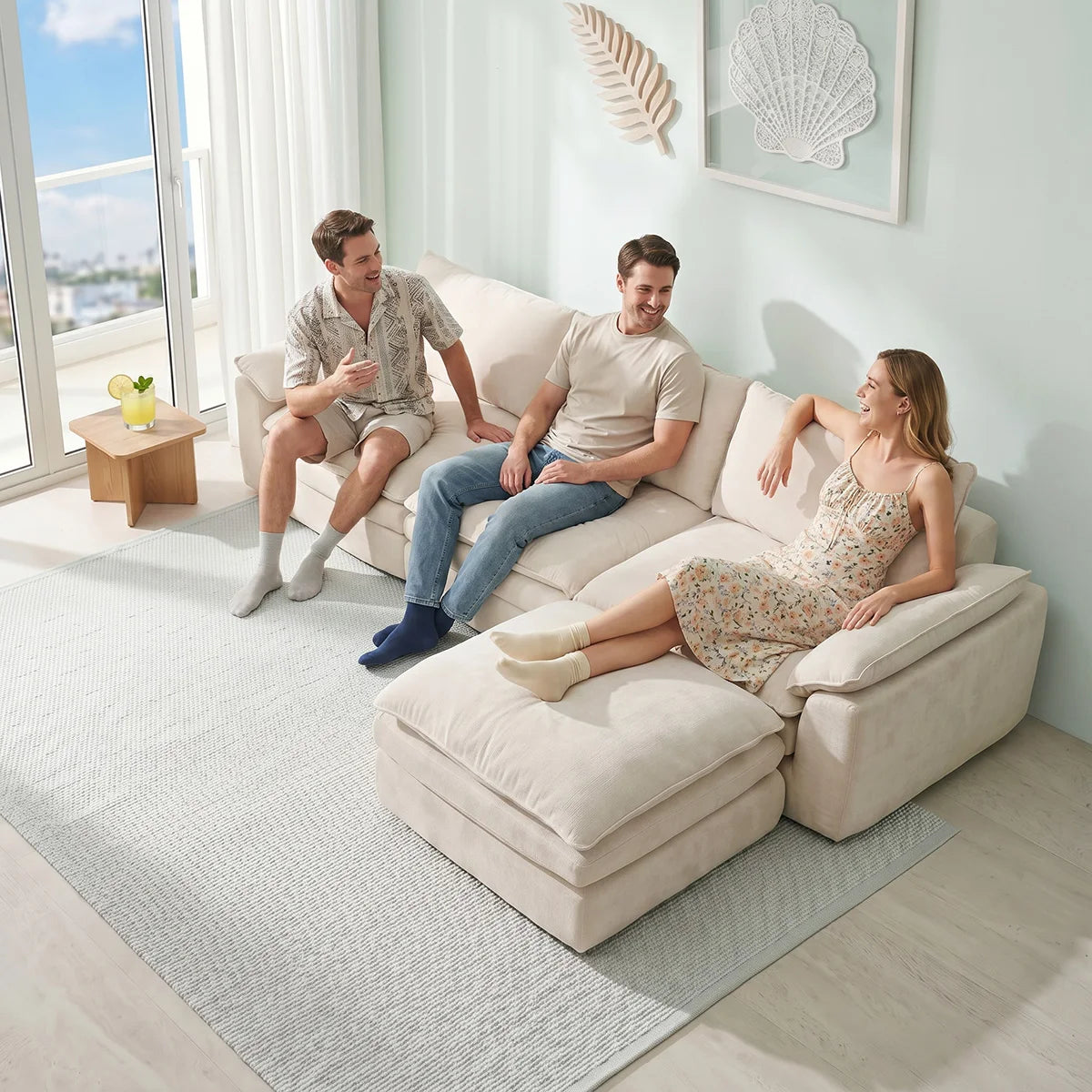 Summer Fresh Cream Style Modular Block Sofa, No Assembly Required, Deep Seat Cloud Sofa for Family Theater Room, Breathable Skin-friendly Fabric Chaise Lounge, Detachable Washable Lazy Cloud Couch for Large Living Room, Multi