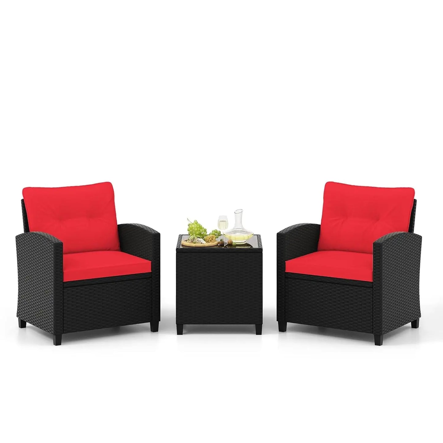 3 Pieces Patio Furniture Set, PE Rattan Wicker 3 Pcs Outdoor Sofa Set w/Washable Cushion and Tempered Glass, Customized