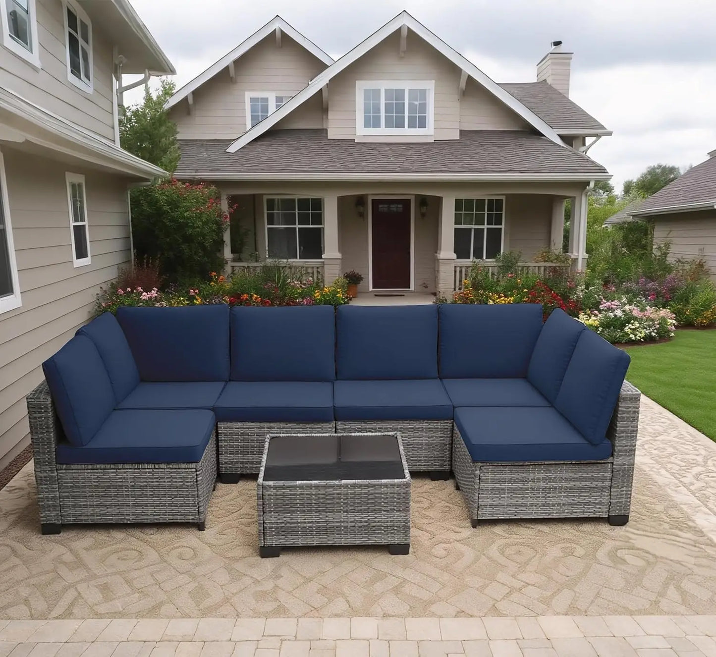 7 Pieces Outdoor Patio Furniture Set, All-Weather Sectional Sofa PE Rattan Wicker with Glass Table & Washable Cushions, Custom