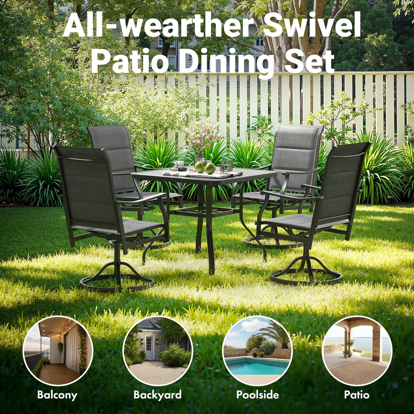 Farini 360° Swivel Outdoor Dining Chairs Set of 2, Patio Metal Paded Armchair with Textilene Fabric, All-Weather Resistant