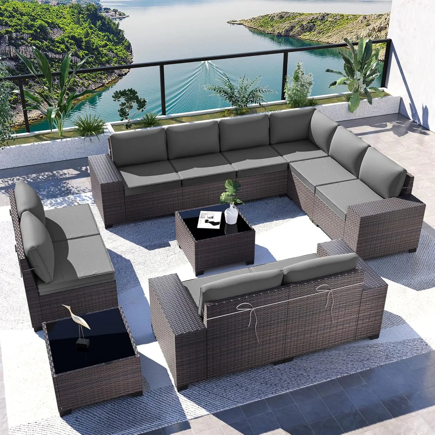 Outdoor Patio Furniture Set,12 Pieces Sectional Rattan Sofa Set Brown PE Rattan Wicker Patio Conversation Set with 10, Custom