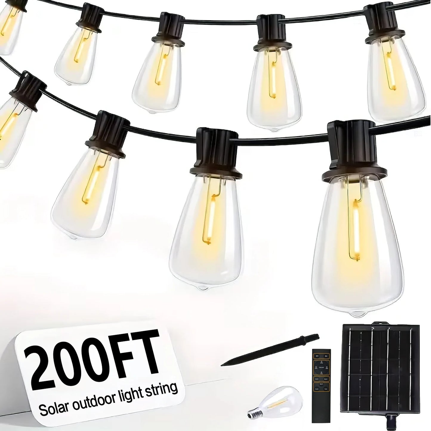 200FT ST38 Solar String Lights, 2700K Warm White, Black Wire, E12, Solar Powered with Remote, Waterproof Outdoor Patio Lights