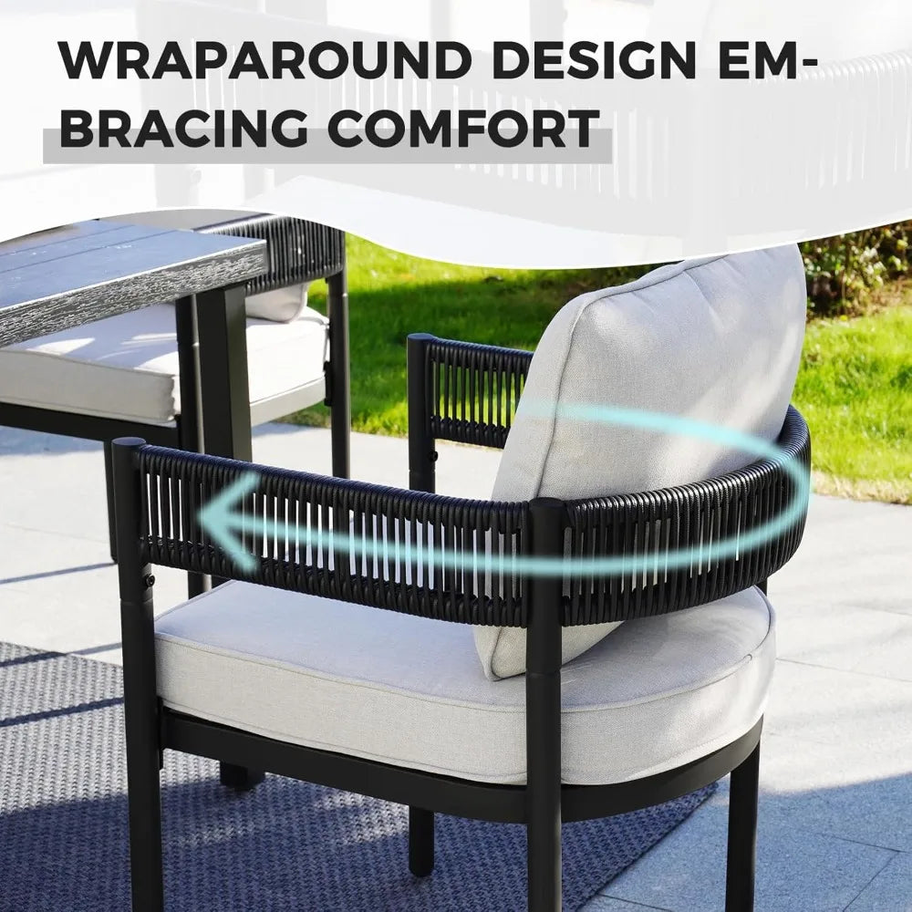 Outdoor Dining Set for 6, 7 PCS Patio Table and Chairs Set, Metal Woven Wicker Fixed Patio Chairs with Thickened Cushions & 1 R