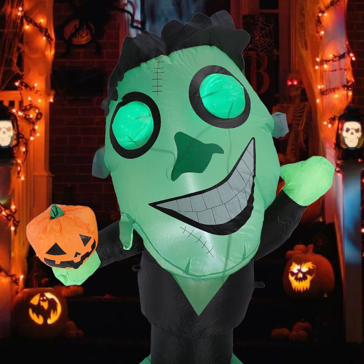 3.9ft Inflatable Green Monster w Pumpkin Big Eyes LED Lights Outdoor Yard Garden Lawn Holiday Party Decor IP44 Water Resistant