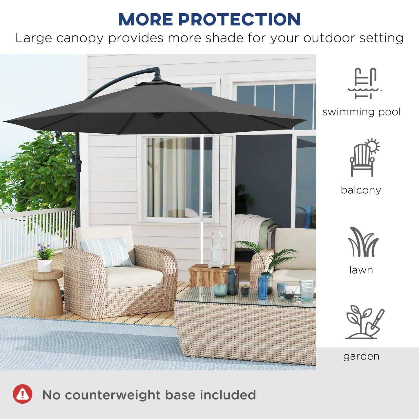 10' Cantilever Hanging Tilt Offset Patio Umbrella with Uv & Water Resistant Material and Cross Base (Weight Not Included), Gray