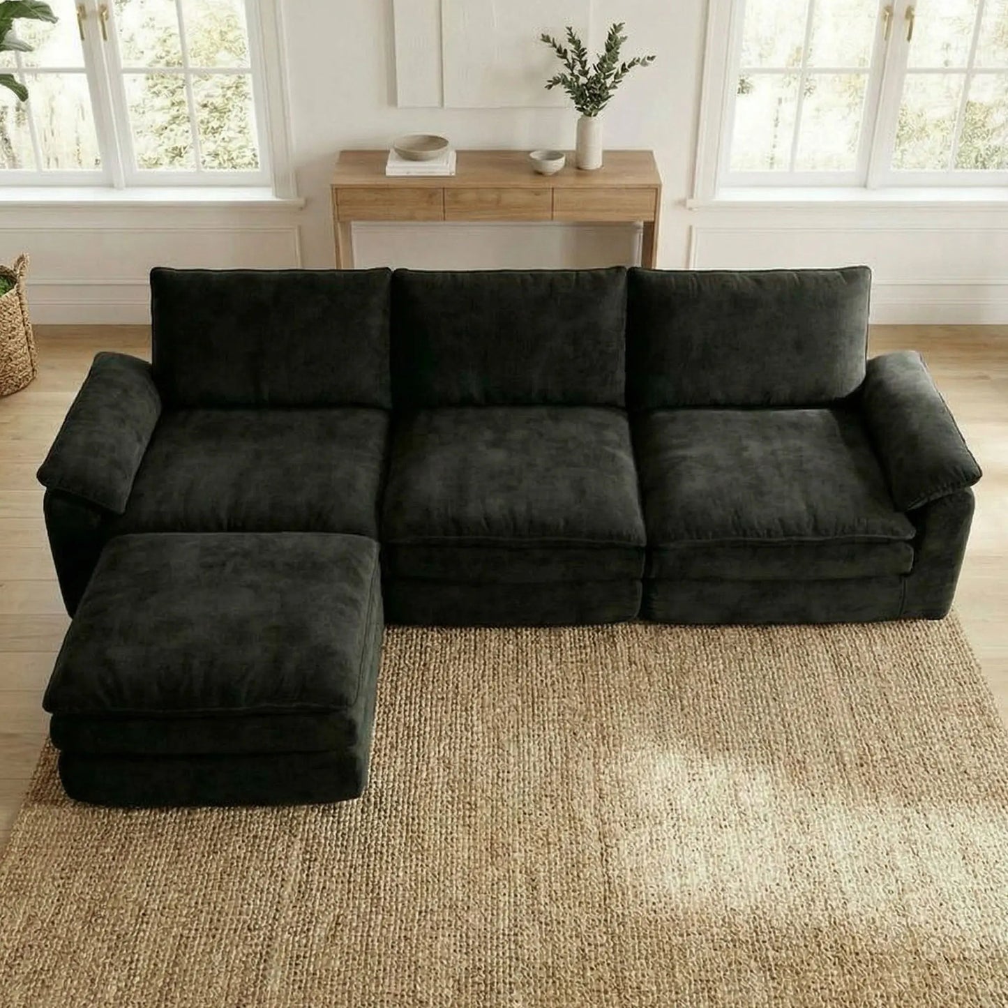118 Inches L-Shaped Chenille Cloud Lazy Sofa, Black Oversized Deep Seat Modular Sectional Couch with Chaise Lounge, Ultra Soft Cat Scratch Resistant Chenille Fabric, No Assembly Low Maintenance Extra Comfort Large Sofa, Unive