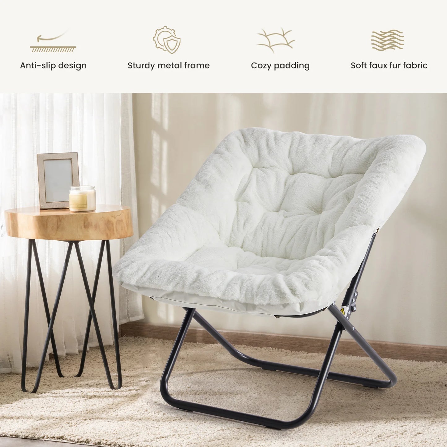 JHK Cozy Saucer Chair Faux Fur Folding Lounge Chair