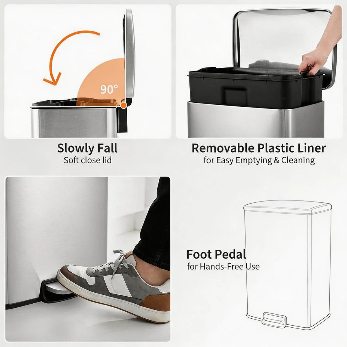 HiMISS Stainless Steel Pedal Trash Bin With Quiet Lid