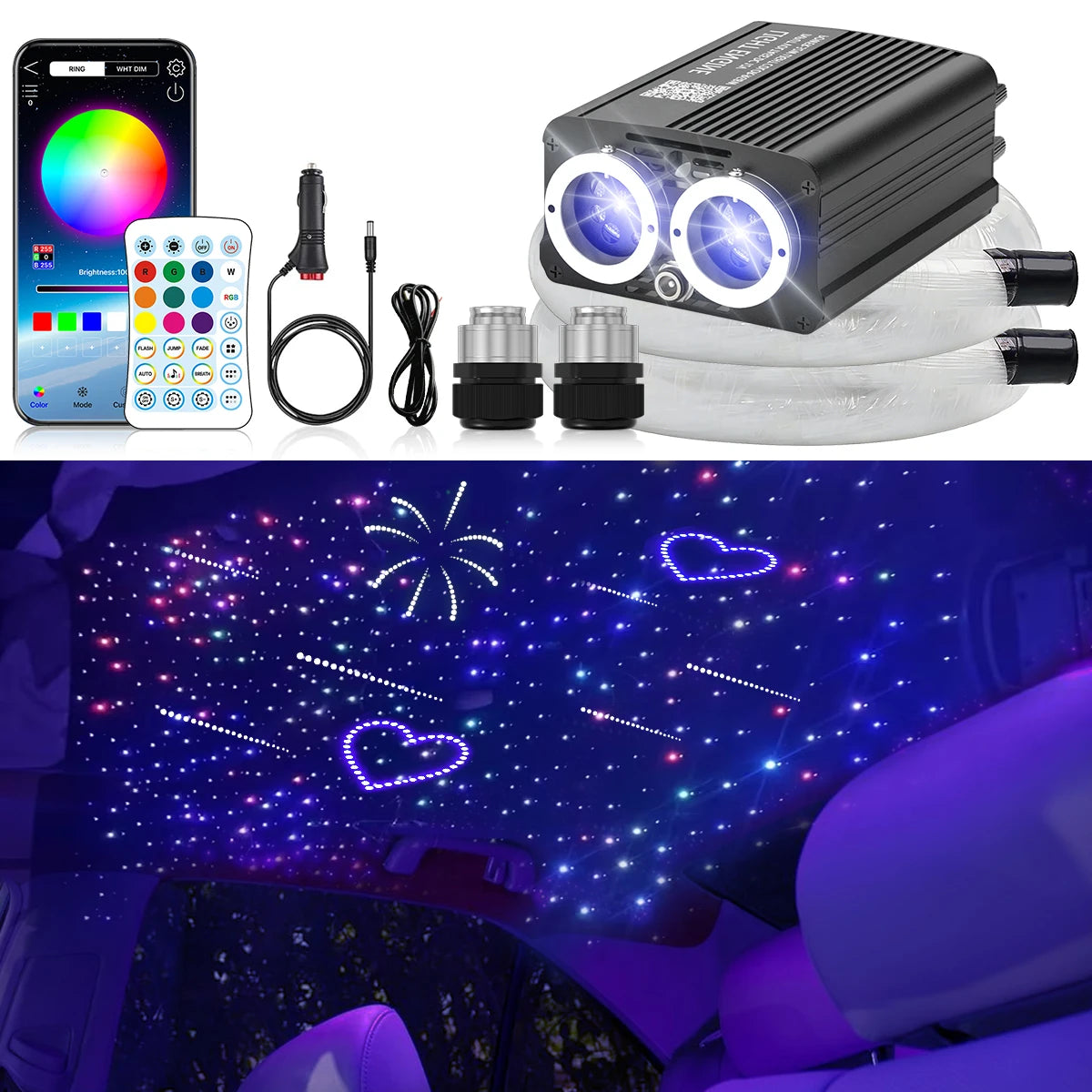 32W Twinkle Meteor 2 in 1 Starlight Headliner Light Kit, Fiber Optical Cable RGBW Light for Car/Home, APP/Remote Control ﻿