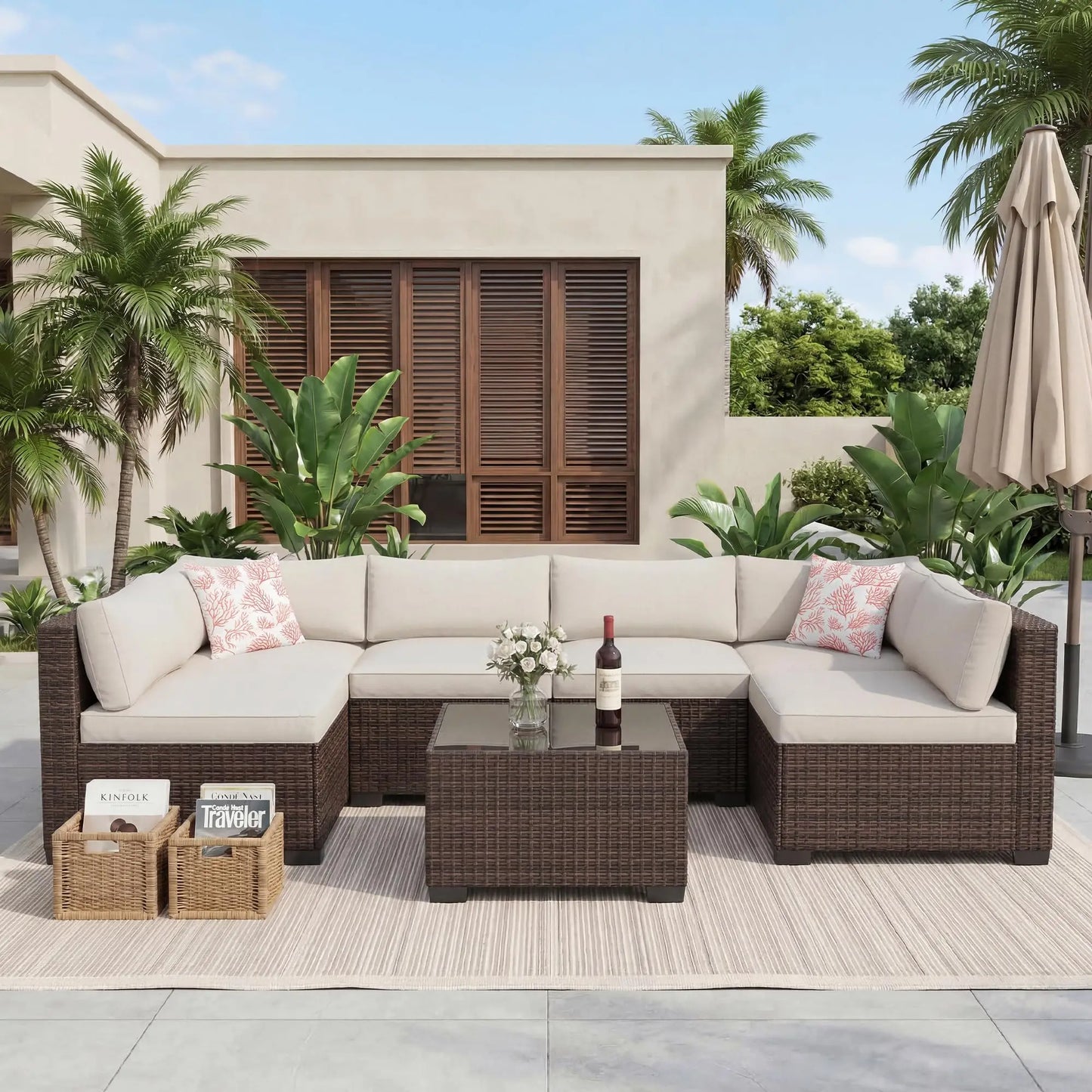 HobbyLane 7 Piece Outdoor PE Wicker Patio Sectional Sofa Set With Storage Table