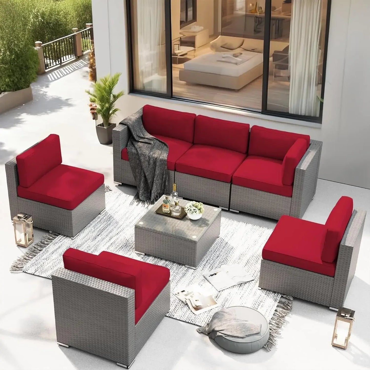 Outdoor Patio Furniture Set 7 Piece Outdoor Sectional Sofa Grey Wicker Conversation Sofa Set with Coffee Table and, Customized