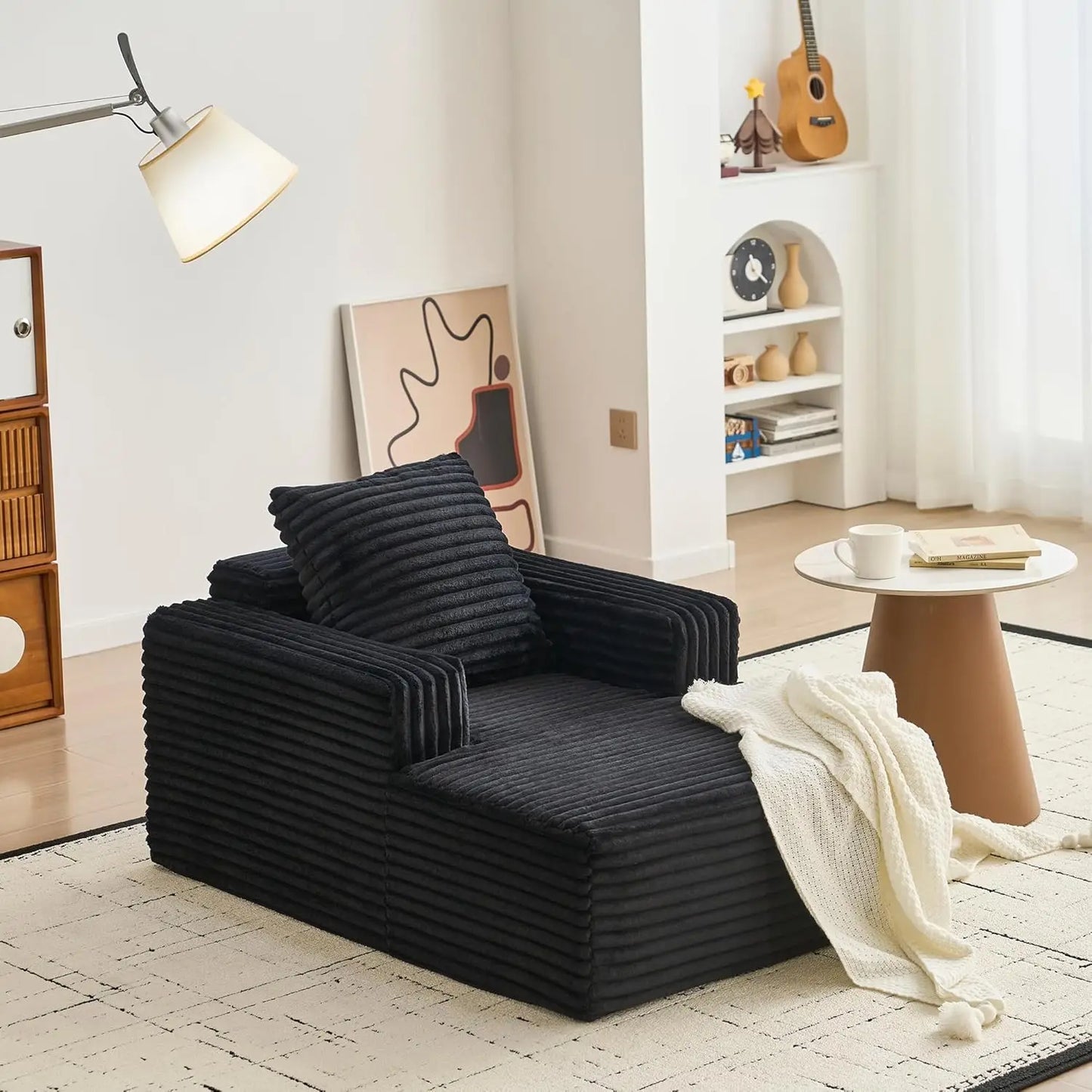 45'' Corduroy Cloud Chaise Lounge Sofa, Deep Seat Reading Chair With Wide Armrests, Back Pillow, No-Assembly Couch