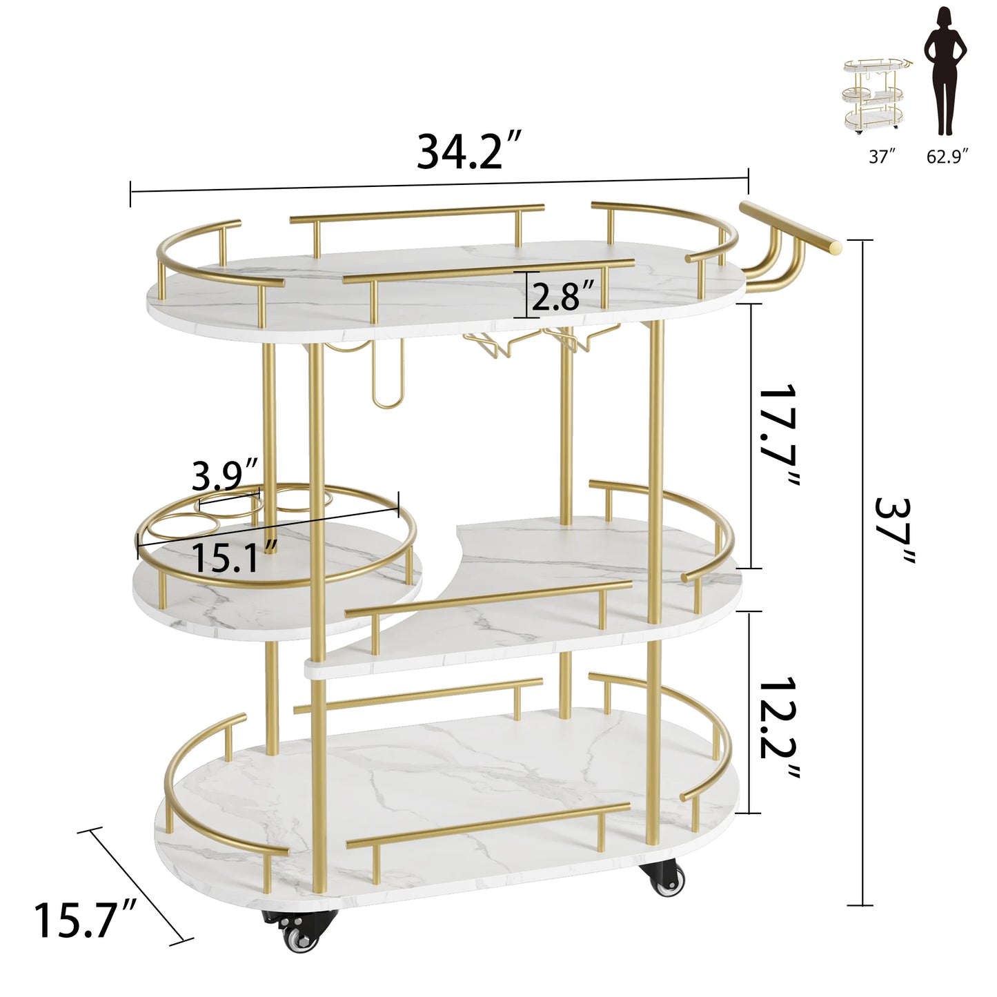 HiMISS 3 Tiered Bar Cart With Wheels And Wine Rack