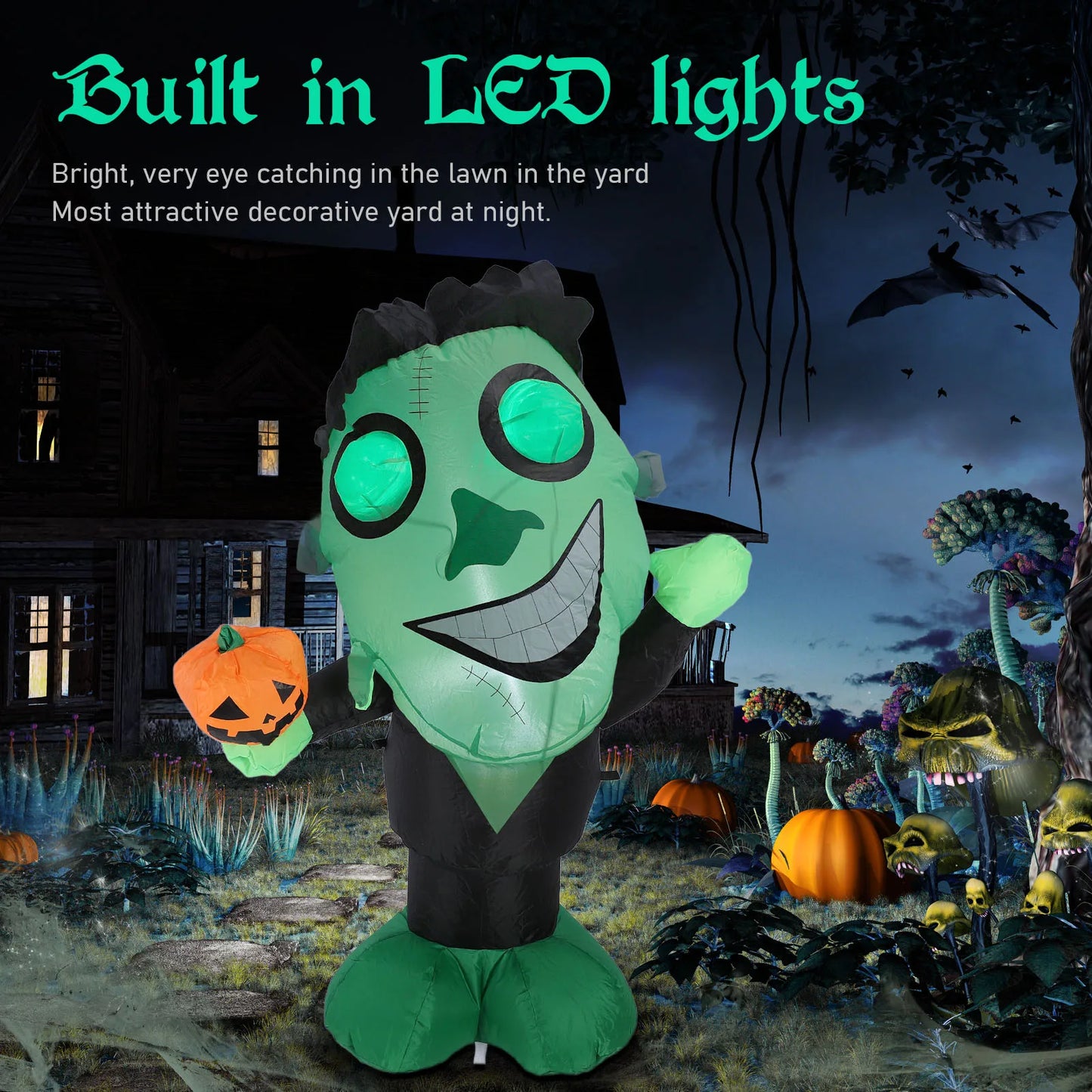 3.9ft Inflatable Green Monster w Pumpkin Big Eyes LED Lights Outdoor Yard Garden Lawn Holiday Party Decor IP44 Water Resistant