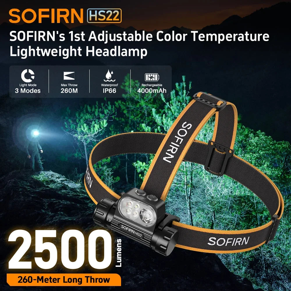 SOFIRN Headlamp HS22 2500lm 18650 4000mAh Flashlight 2700-6000K Stepless SFT25R LED Color Temperature Adjustment  Dual Switch