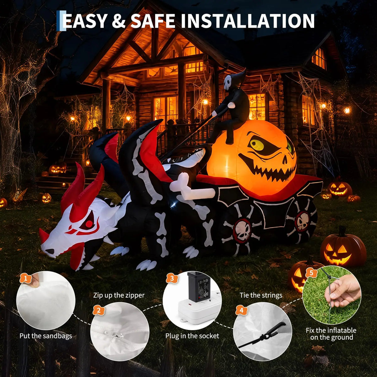 HiMISS Halloween Grim Reaper Dragon Carriage Inflatable With LED Lights