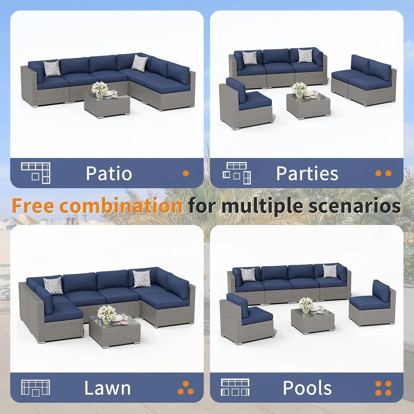 7-Piece Outdoor Patio Furniture Set Grey Rattan Wicker Sectional Sofa Conversation Sets with Cushions and Glass Top, Custom