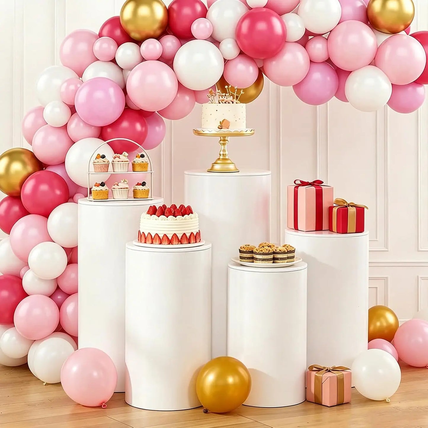 5 Pcs White PVC Cylinder Pedestal Stands Set for Party Round Cake Display Stands Wedding Centerpiece Columns Dessert Table Birthday Baby Shower Flower Decor