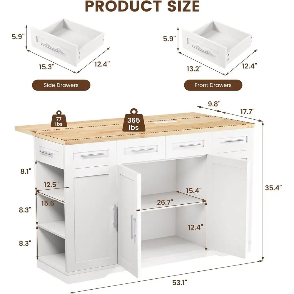 53'' Rolling Kitchen Island with Power Outlet, Drop Lea & Trash Can Storage, Large Island Cart on Wheels with Rubberwood Top, 4
