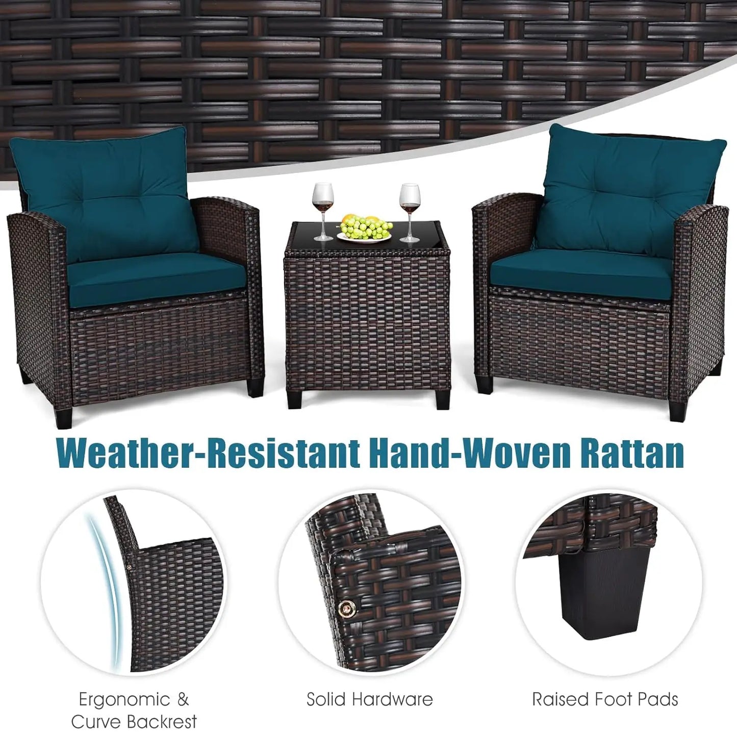3 Pieces Patio Furniture Set, PE Rattan Wicker 3 Pcs Outdoor Sofa Set w/Washable Cushion and Tempered Glass, Customized
