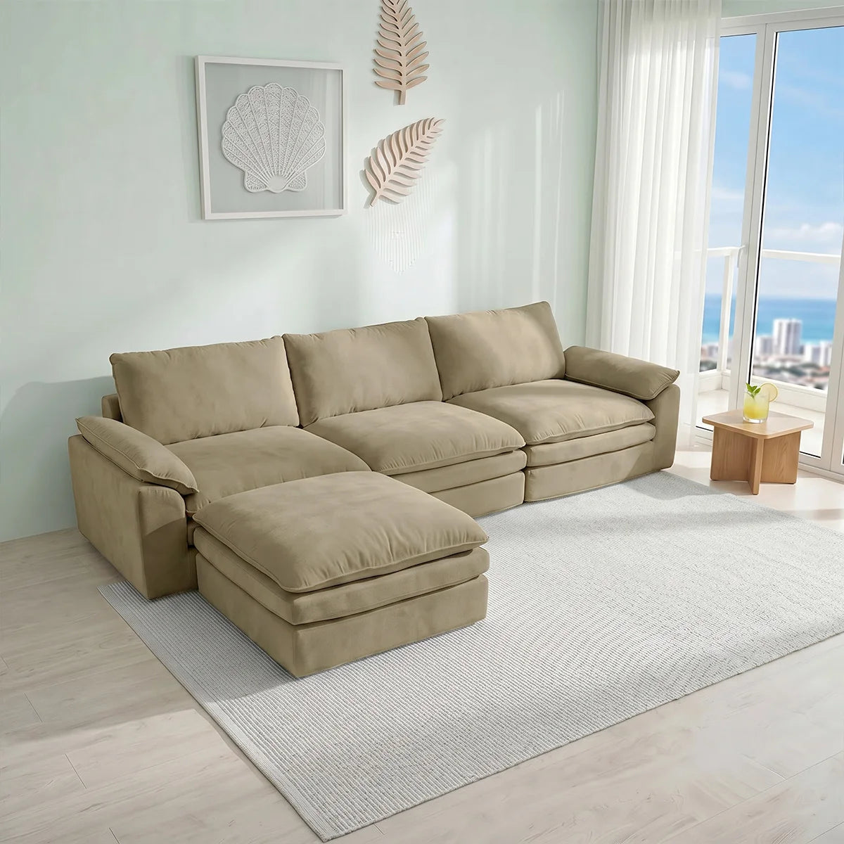 Summer Fresh Cream Style Modular Block Sofa, No Assembly Required, Deep Seat Cloud Sofa for Family Theater Room, Breathable Skin-friendly Fabric Chaise Lounge, Detachable Washable Lazy Cloud Couch for Large Living Room, Multi