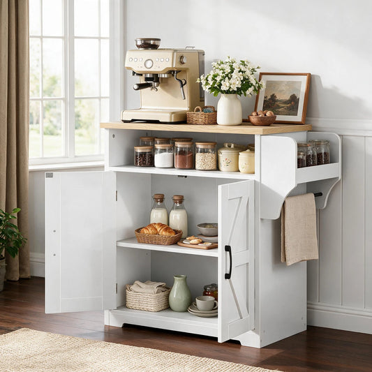 HiMISS Farmhouse Coffee Bar Cabinet With Mug Shelf And Hooks